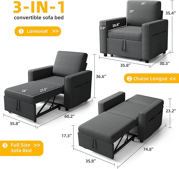 YITAHOME Convertible Sofa Chair Bed 3-in-1 Sleeper Sofa with Pull-Out Bed Linen Fabric Single Sleeper Chair with Reclining Backrest and Wide Armrest Modern Lounge Sofa for Small Space Grey