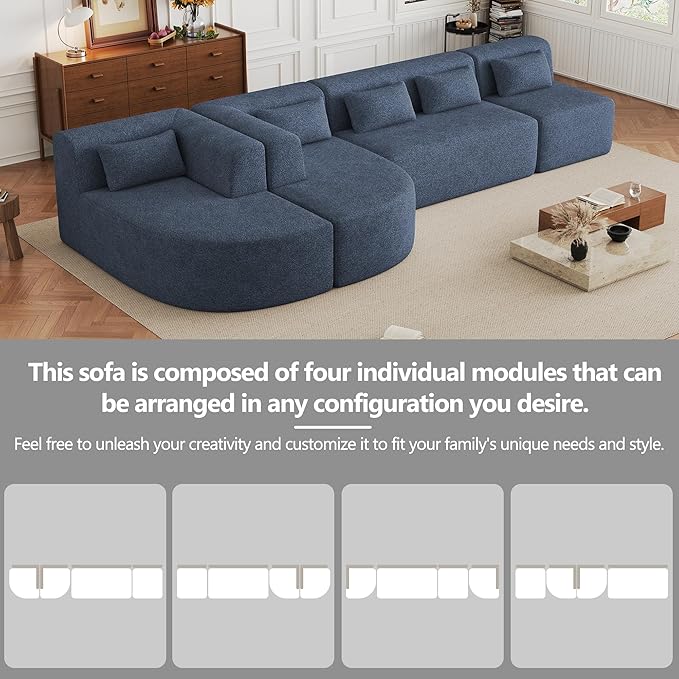 Modern 143.7 Upholstered Sectional SofaFree-Combined Sofa Couch with Two Chaise Lounge and Five Back Pillowsfor Living Room Bedroom (Blue#4)