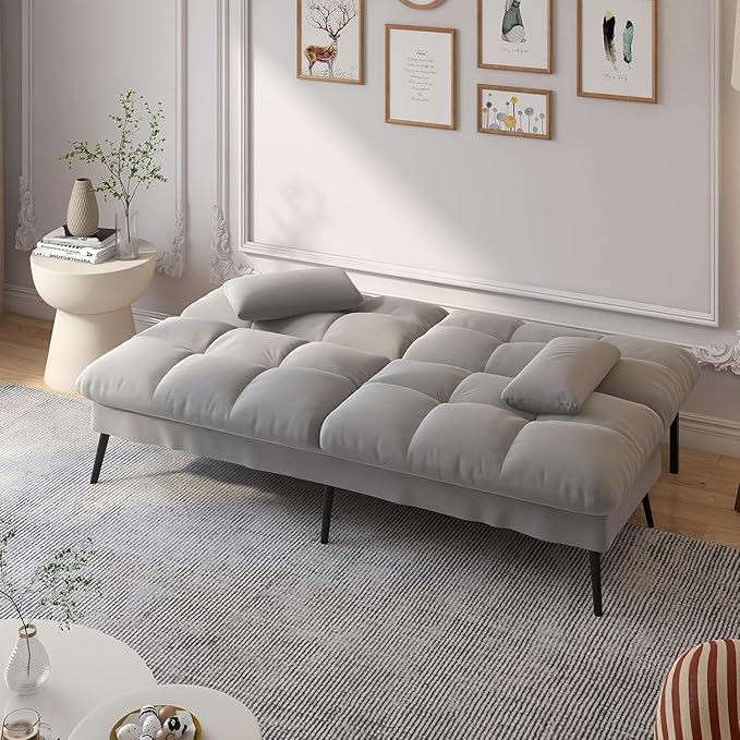COMHOMA Convertible Sofa Bed68″Fabric Couch with Adjustable BackrestLoveseat Recliner Sleeper Living Room Furniture futon SetGrey