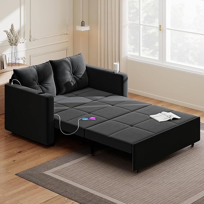 3 in 1 Pull Out Couch 56 Inch Velvet Sofa Bed Convertible Loveseat Sleeper Sofa for Living Room Small Space Upholstered Couch Bed with USB Cup Holder(Black)