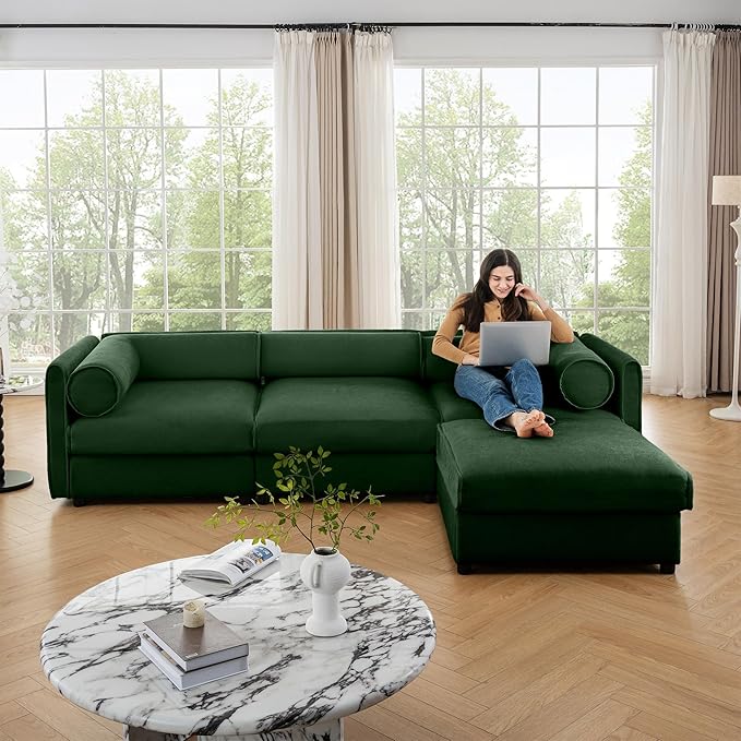 109 inch Cloud Modular 3 Seater Sofa with Storage Ottoman Modern Upholstered Storage Sofa Couch Deep Seat L Shape Sectional Sofa Chenille Comfy Couch for Living Room Apartment Green