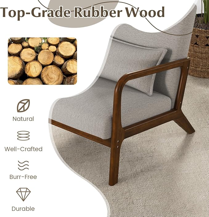 KOMFOTT Mid-Century Modern Accent Chair Set of 2 Living Room Leisure Chair with Cushioned Seat &amp Back Upholstered Armchair with Rubber Wood Frame &amp Lumbar Pillow Lounge Chair for Bedroom G