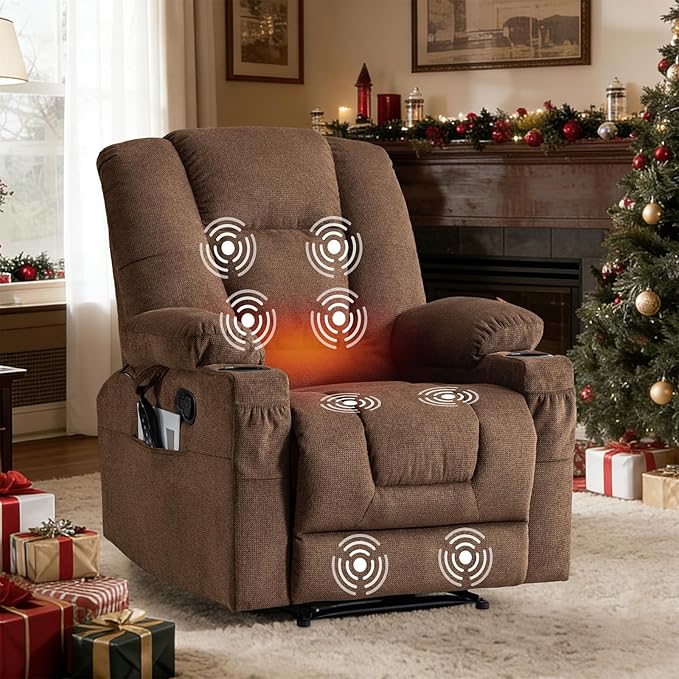 Recliner Chair with Massage and HeatChenille Recliner Sofa Chairs for AdultsWall Hugger Recliners for Living Room Reclining Armchairs with Cupholders Middle Brown