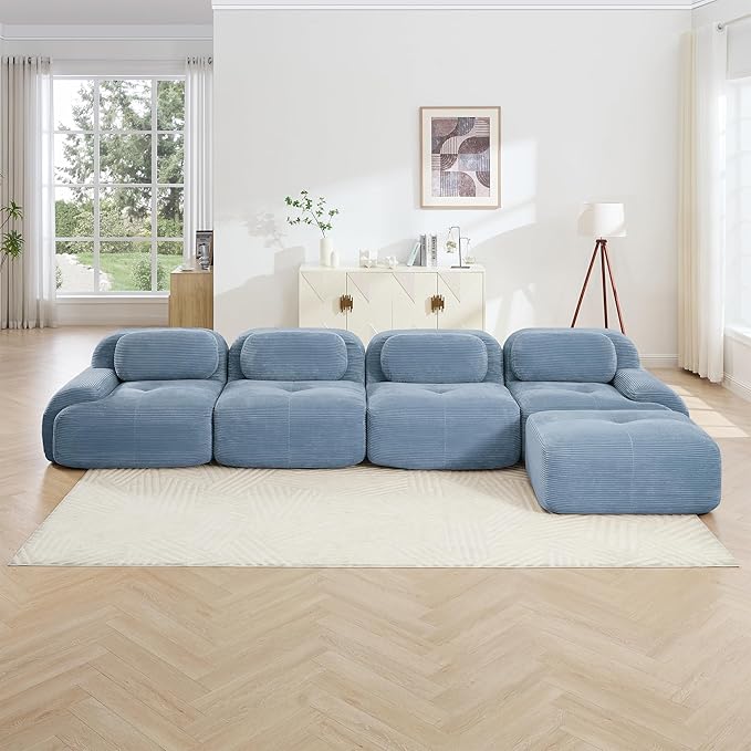 152.7 Inch L-Shaped Modular Sectional Sofa 4-Seater Cloud Couch with Deep Seat Boneless Couch with Pillows for Living Room Apartment Blue