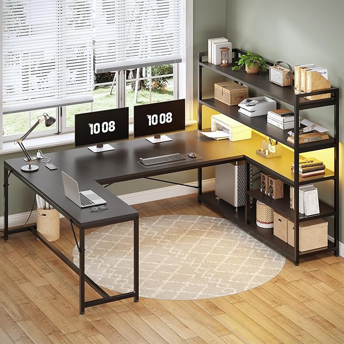 SEDETA L Shaped Gaming Desk 63'' Reversible Computer Desk with Power Outlet and Storage Shelves Corner Gaming Desk with LED Lights Bookshelf for Home Office Black