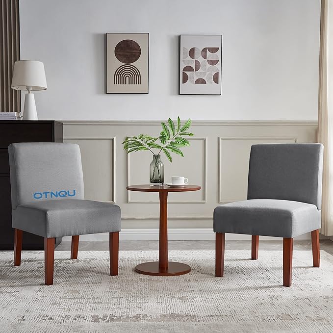 Fabric Accent Chair Set - Armless Linen Fabric Side Chair of 2 with Round Wood Side TableModern Slipper Chair for Living Room Bedroom and Office (Grey)