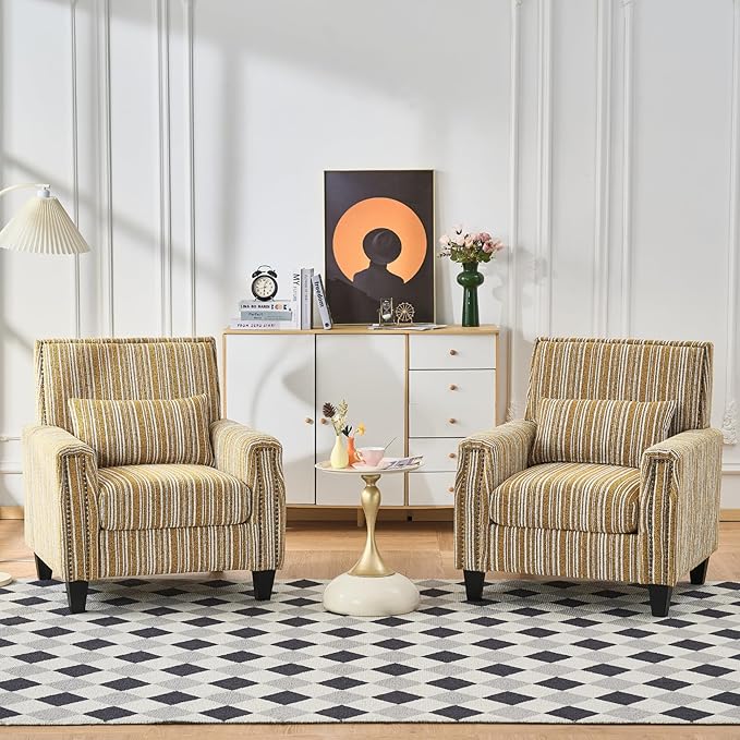 Stripes Accent Chair Modern Upholstered Boucle Fabric Armchair Single Sofa with Wood Legs for Living Room Patio Yellow Stripes.