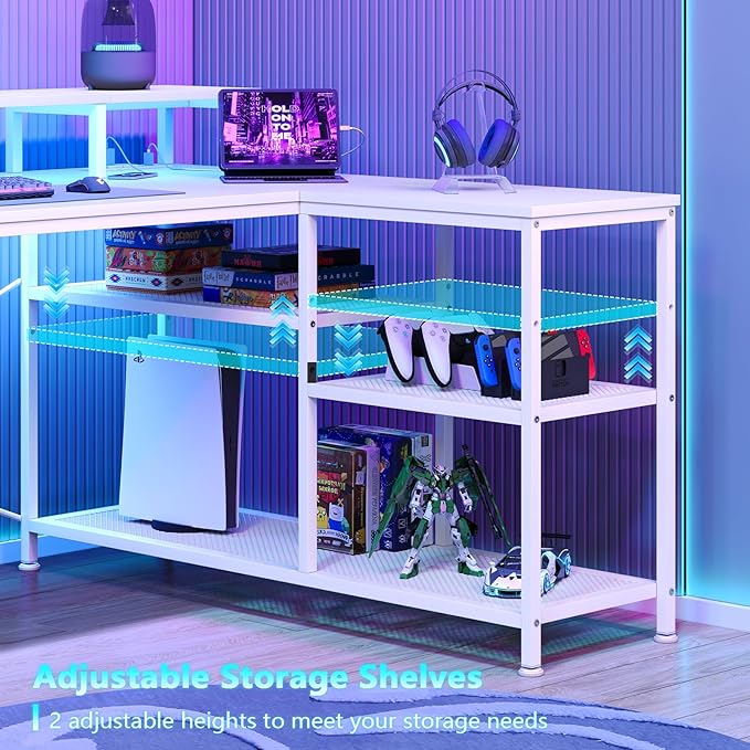 L Shaped Gaming Desk with Drawers &amp Storage Shelves Corner Gaming Desk with Power Outlets &amp LED Light Reversible Computer Desk with Monitor Stand &amp Hooks White