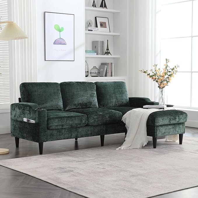 3 Seater Sectional Couch L Shaped Modular Couch with Solid Wood Frame Small Sofa with Storage Ottoman &amp Cup Holder &amp Side Pocket for Apartment Game Room Dormitory Room (Emerald)
