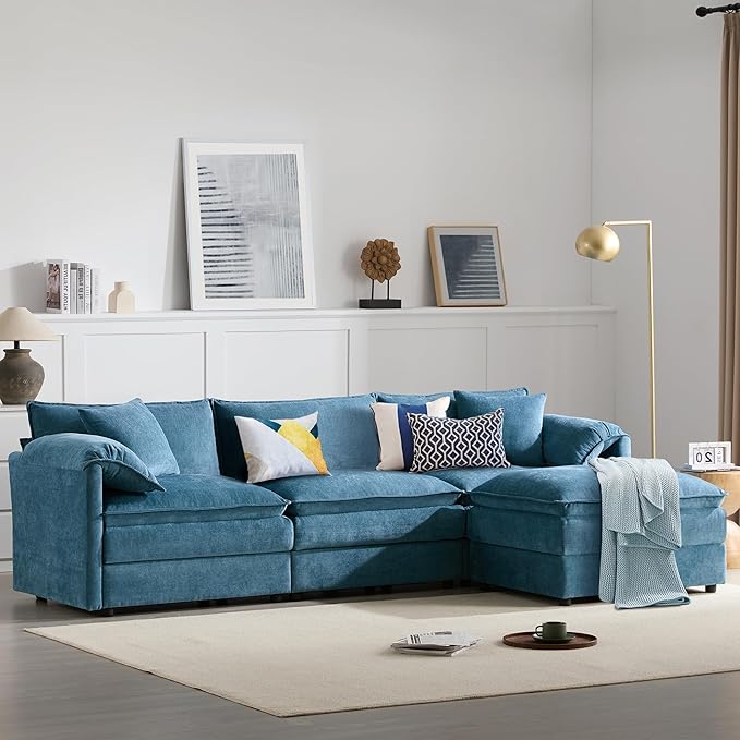 103.5 L Shaped Modern Cloud Sofa Modular Sectional Couch with Ottoman 4-Seat Chenille Deep Seat Sofa with Pillow for Living Room Bedroom and Apartment Blue