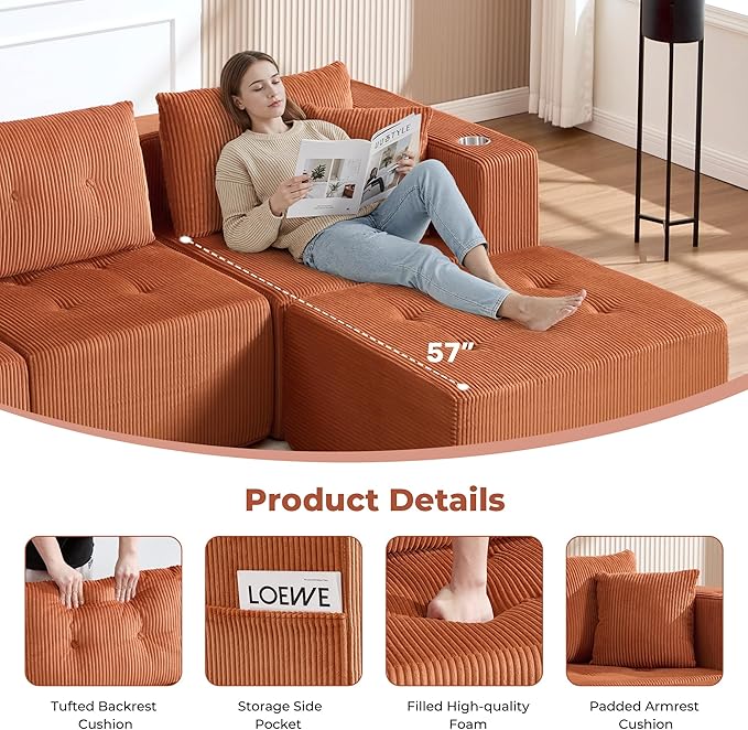 128 U Shaped Modular Sectional Sofa Oversized 6-Seater Boneless Tufted Cloud Couch with Cup Holder and Movable Ottoman Corduroy Upholstery Couches for Living Room No Assembly Orange