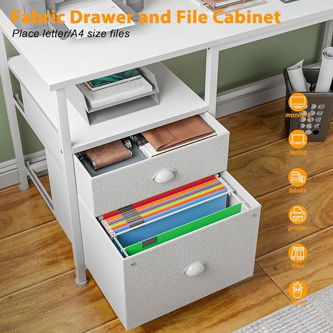 Furologee 61 Computer Desk with Fabric File Cabinet &amp Drawer Reversible White Table with Storage Shelf Office Desk with Long Monitor Stand Writting Table Workstation for Home/Office/White