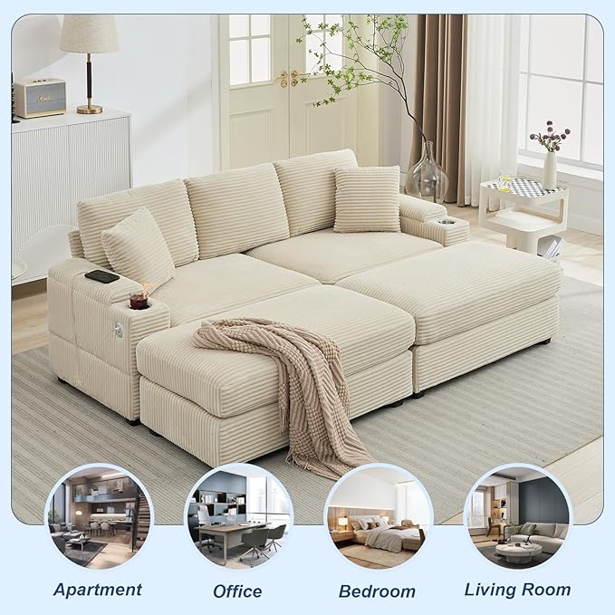 86.6 Sectional Sofa Couch with 2 Ottomans Comfy Corduroy Upholstered Cloud Modular Convertible Couch with Cup Holders and USB Armrest Storage Deep Seat Oversized Loveseat for Living Room Beige