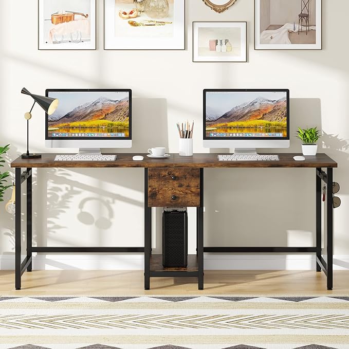 LITTLE TREE 79 Double Desk Two Person Desk with Storage Drawer Long Desk Home Office Desks for 2 Person Rustic Brown