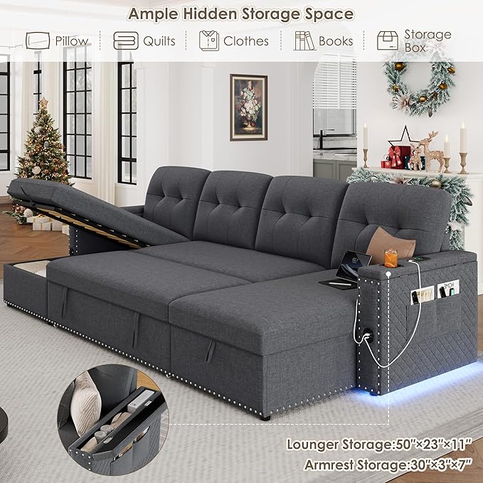 HIFIT 106 Sectional Couches for Living Room- Pull Out Sleeper Sofa Couch w/Storage ChaiseStorage ArmrestLED Light&ampUSB Port&ampCupholder Modern Linen U Shaped Home Sofa Living Room Furniture S