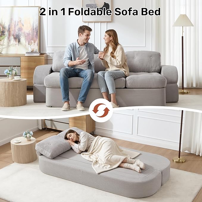 Convertible Sofa Bed3-Seater Boneless Couches for Living Room 2 in 1 Folding CouchFold Out Floor Couch with PillowsCloud Floor LoveseatFloor Futon Sleeper for Living Room Bedroom LoungeLightGray