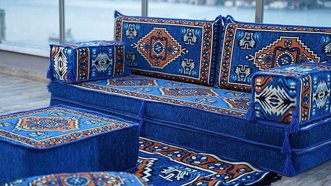 arabicsofa 8 Inch Thick Royal Blue Arabic Floor Cushion – Handmade Modular Majlis Seating with Backrest Pillows