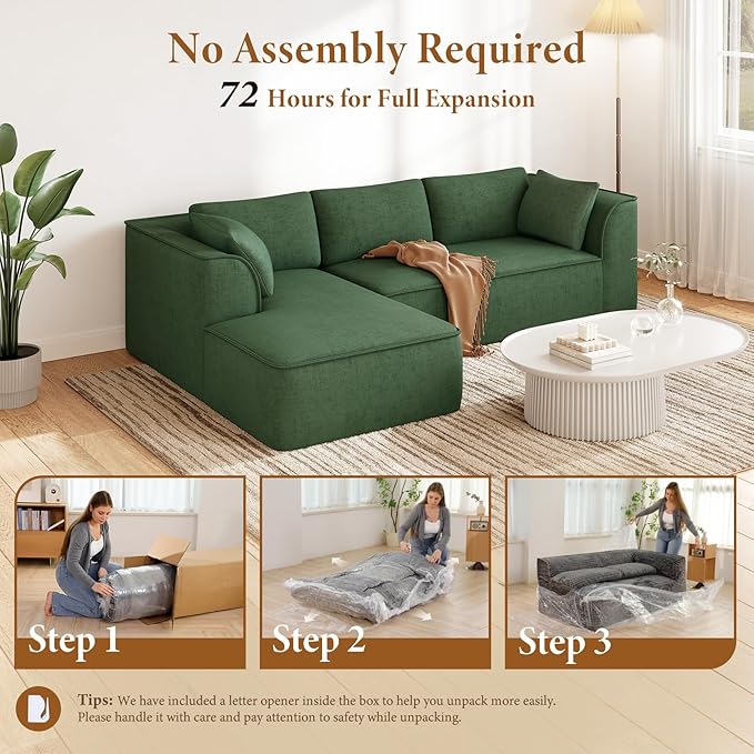 Vesgantti 106 Cloud Couch Sectional Modular Sofa Deep Seat Comfy Cloud Couch Chenille Memory Foam Sofa Modular Couches for Living Room Bedroom No Assembly Required (Green Left-Facing Chaise)