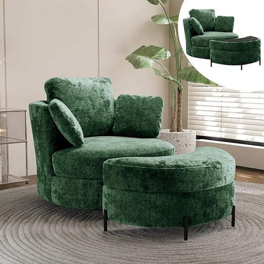 Chifee &amp Vingol Swivel Accent Chair with Ottoman 40.35 Round Swivel Chair Storage Ottoman &amp Pillows 360° Barrel Chair for Living Room Bedroom OfficeChenilleGreen