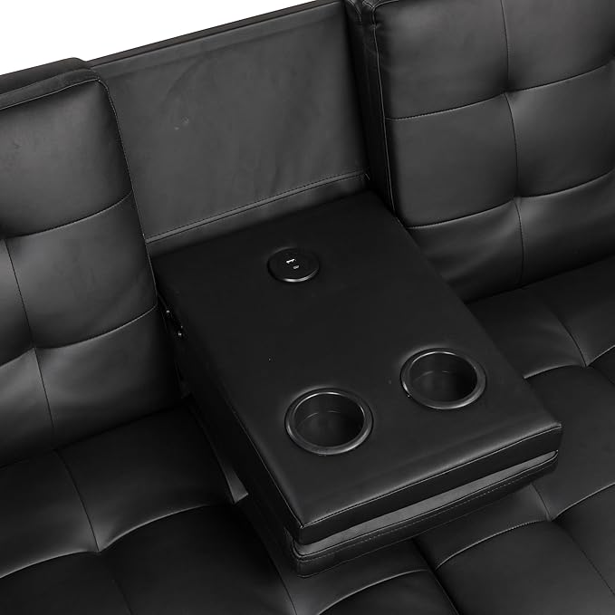 Furniture of America Fallein Modern Contemporary Wood 71.5-inch Futon Sofa Bed with Drop-Down Table Cup Holders USB-A Charger Biscuit Tufting for Bedroom Guest Room Black
