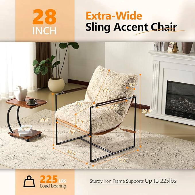 VINGLI 28 Wide Plush Upholstery Sling Modern Accent Chairs Set of 2 Cute Reading Armchair with Removable Seat Cushion &amp Tan Microfiber Seat Base Lazy Chair for Bedroom &amp Lounge Beige
