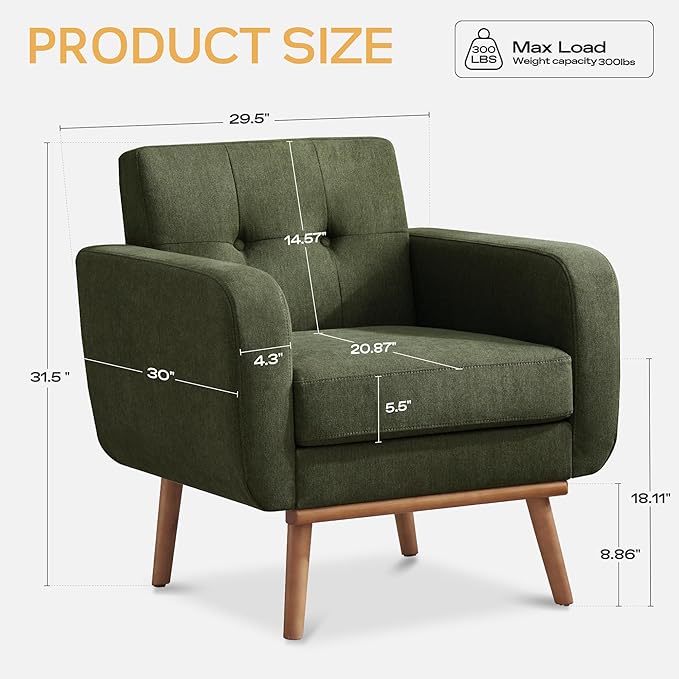 HUIMO Fabric Accent Chair Mid Century Modern Arm Chair Button Tufted Living Room Chairs for Bedroom Study Office (1 Green)