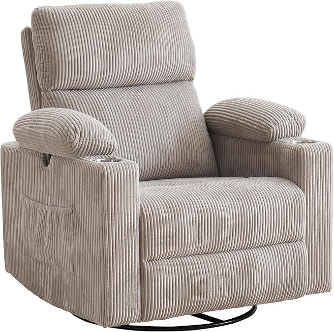 Power Recliner with Adjustable Armrests Rocking Chair Nursery with Massage and Heat Electric Glider Recliner Nursing Chair for Breastfeeding Swivel Rocker Recliner Corduroy Grey