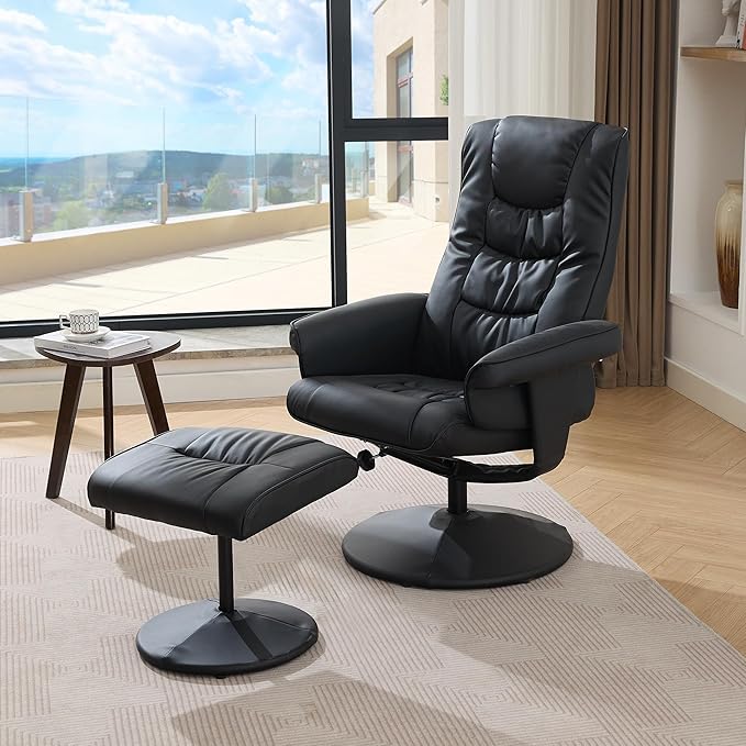 360° Swivel Office Chair with Ottoman Massage Lounge Chair with 5-Point Vibration &amp Heated Seat 140° Adjustable PU Leather Recliner for Living Room Home Theater or Office (Black)