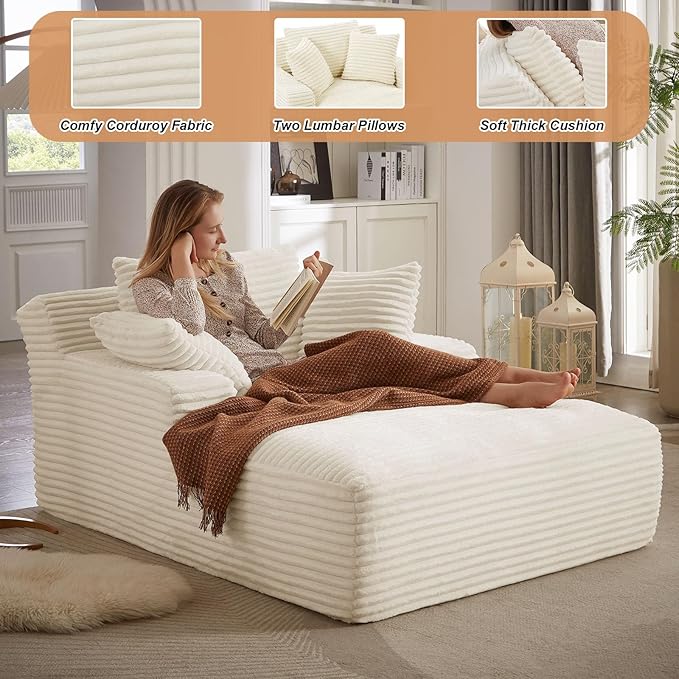 49.2 Oversized Chaise Lounge Chair IndoorCorduroy Boneless Reading Chair with 3 PillowsDeep Seat Cloud Sofa BedComfy Modern Sleeper Chairs in Box for Living Room BedroomNo Assembly(White)