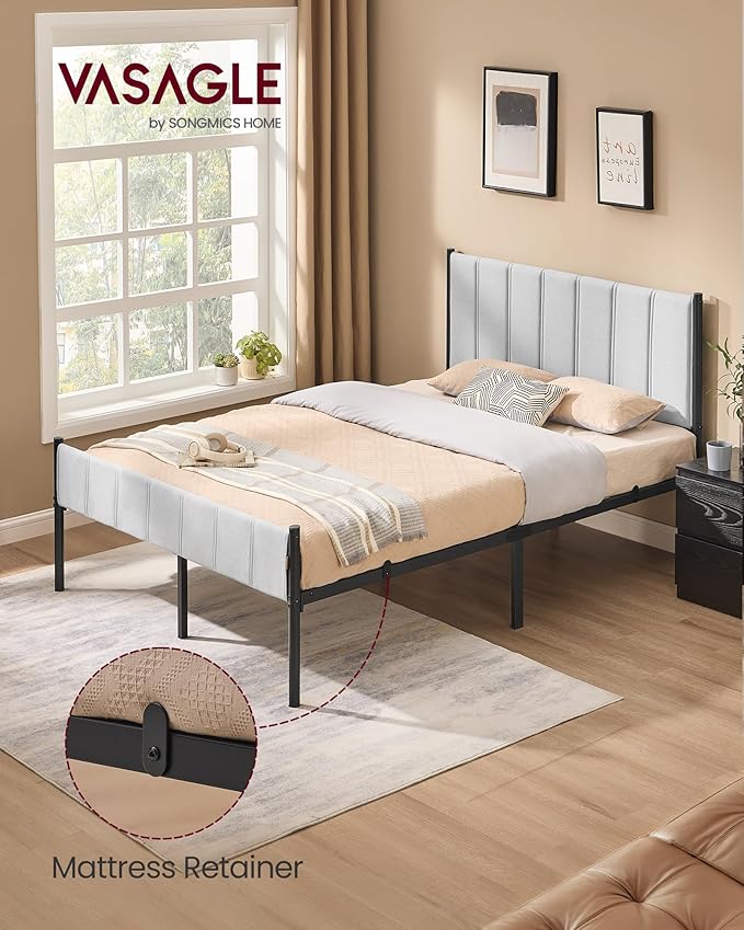 VASAGLE Full Bed Frame with Upholstered Headboard Metal Bed Frame Full Size with Footboard 1100 lb Weight Capacity Steel Slats Easy Assembly No Box Spring Needed Dove Gray URMB982G01V1