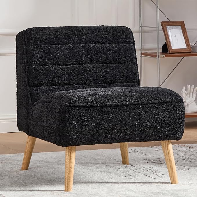 Modern Accent Chair Chenille Upholstered Fuzzy Club Chairs with Tufted Design Comfy Living Room Chair with Metal Legs Padded Reading Chair for Reading Room (Black-Chenille)
