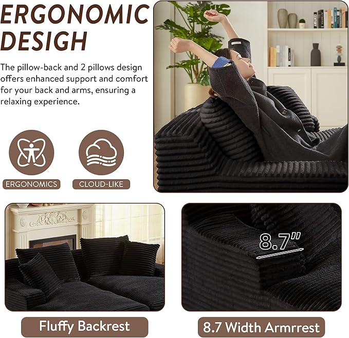 Oversized Double Chaise Lounge Chair IndoorWide Corduroy Boneless Chaise Lounges Sofa Comfy Upholstered Sectional Cloud Couch No Assembly Required Loveseat Sleeper Chair Bed for Living Room(Black)