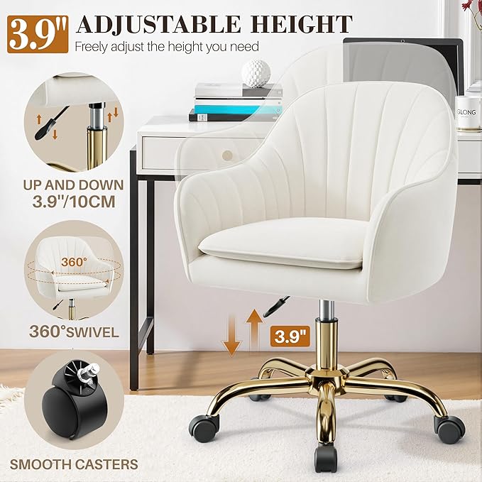 Vanity Chair with Wheels Comfy Home Office Desk Chairs Adjustable Modern Velvet Makeup Vanity Chairs for Bedroom Living Room-Beige