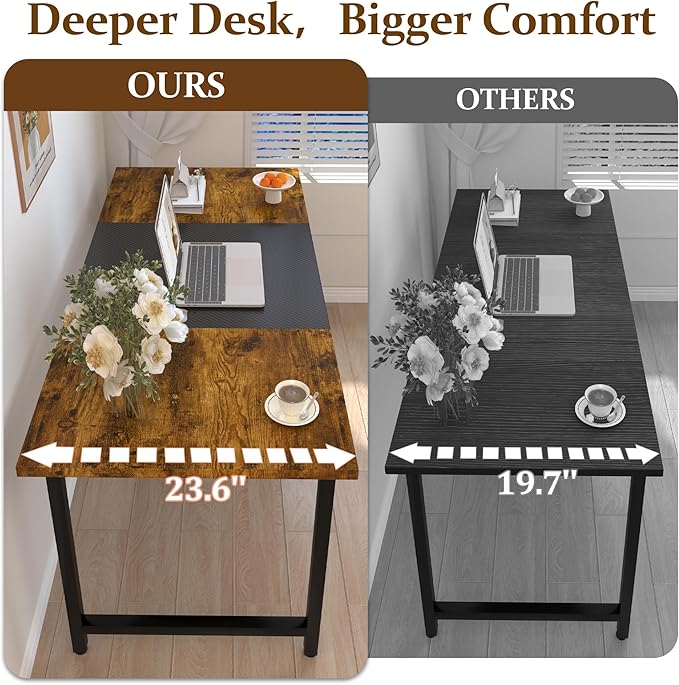 55inch Computer Desk with Deeper Carbon Fiber Desktop Gaming Office Desk with Sturdy Metal FrameHome Office Desk for Gaming Working Studying Rustic Brown