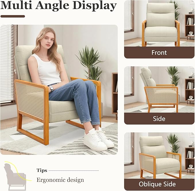 HAOBO Home Modern Accent Chair Linen Upholstered Armchair Living Room Chairs with Rattan Armrest Lounge Side Chairs Office Chair Beige