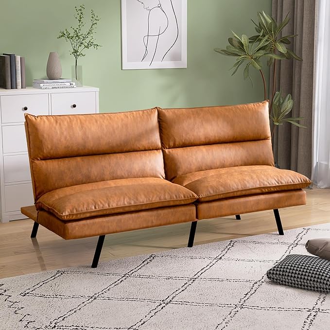 Memory Foam Futon Sofa BedFaux Leather Futon CouchConvertible Armless FutonsSmall Splitback Loveseat Sleeper Sofa Bed for Living RoomOfficeApartmentMedium Brown