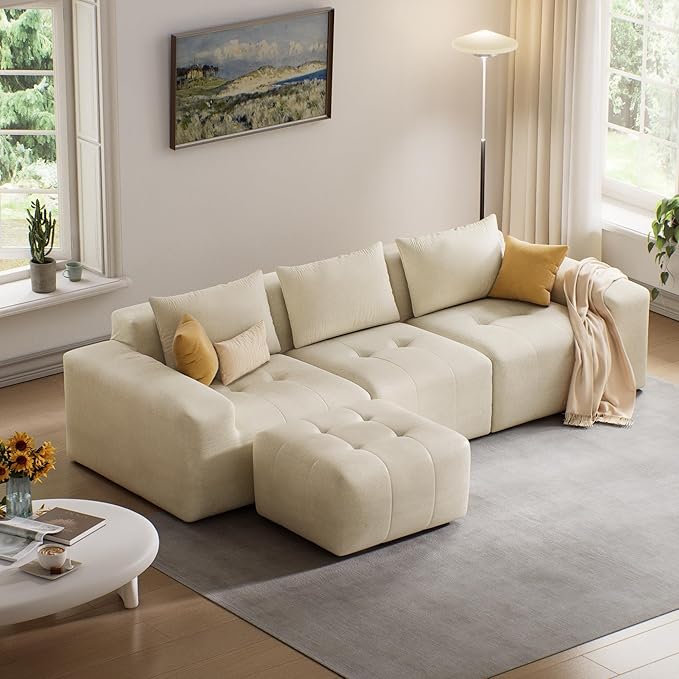 Maupvit 108 Modular Sectional Sofa Modern Cloud Couch L-Shaped Convertible Sleeper Sofa Bed with Movable Ottoman Deep Seat Boneless Comfy 3 Seater Couches for Living Room Beige | Breathable materi