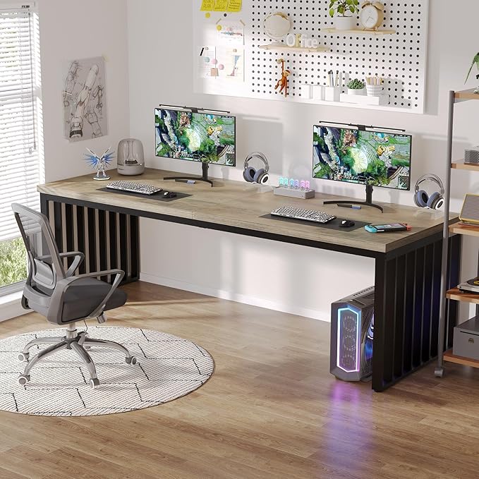 Tribesigns 78.74 Extra Long Computer Desk 2 Person Desk Double Long Desk with Heavy Duty Metal Frame Double Workstation Study Table for Home Office Brown (Without Chair) (Gray &amp Black)