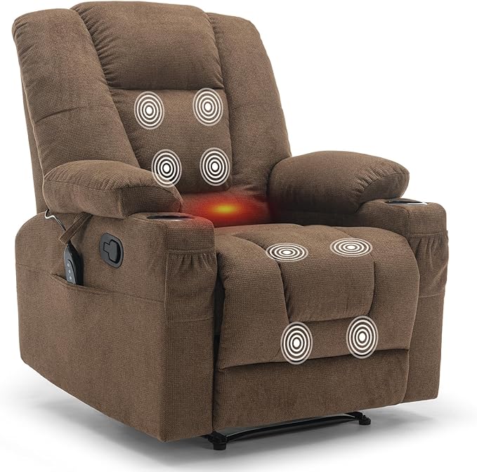 Recliner Chair with Massage and HeatChenille Recliner Sofa Chairs for AdultsWall Hugger Recliners for Living Room Reclining Armchairs with Cupholders Middle Brown