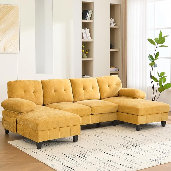 P PURLOVE Chenille Modern Large Sectional Sofa U-Shaped Sectional Sofa Couch with Dual Chaise Lounges Storage Pockets and Armrest Pillows for Living Room (Yellow)