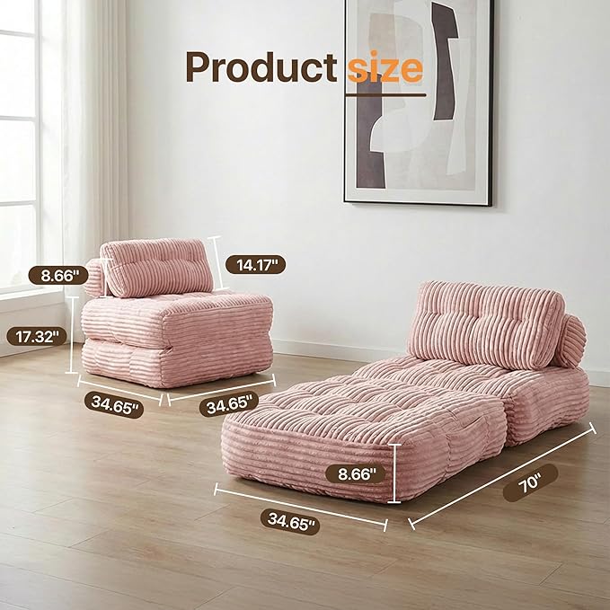Boneless Chair Folding Sofa Bed with Pillow Sleeper Sofa with Back Support Sleeper Chair Portable Fold Out Chair Bed Comfy Foldable Mattress for Living Room Pink Single