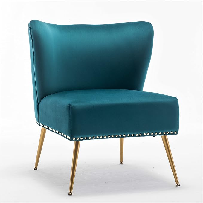 Thia Armless Velvet Accent Chair for Living Room Elegant Seat with Nailhead Trim Gold Metal Legs and Comfortable Curved Back 28 D x 25 W x 29.5 H Bluish Green