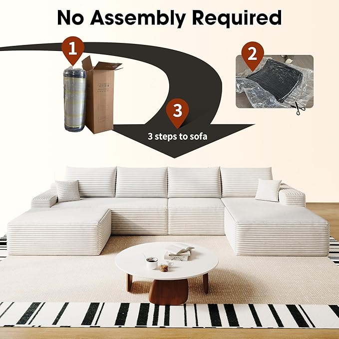 135 Corduroy Boneless Sectional Couch with Chaise &amp Ottoman No Assembly Required U Shaped Modular Sectional Sofa Boneless Couches for Living Room (White 4 Seater+Right Facing Chaise+Ottoman)