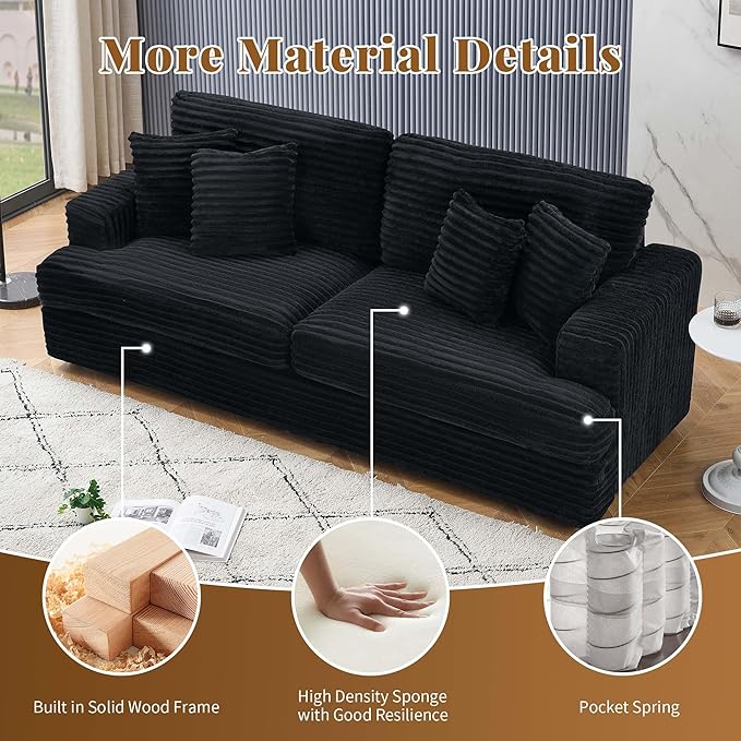 Modern Cloud Couch 3-Seater with 4 Matching Toss Pillows 88.58 Soft Corduroy Sofa with Deep Seat for Small Spaces Living Room Apartment (Black)