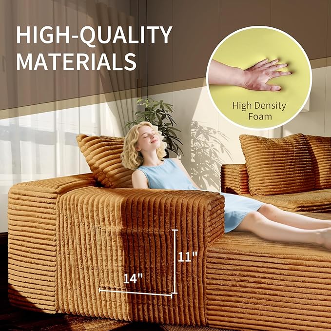 106'' Cloud Sectional Couch with L-Shape Chaise Boneless Modular Sofa with Deep Seat Modern Corduroy Couch for Living Room No Assembly Required. (Yellow Right-Facing Chaise)