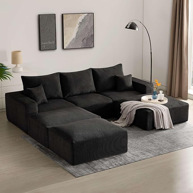 Modern Sleeper Sofa Couches for Living Room-113 Black 3 Seater Boneless Cloud Couch-No Assembly Required Modular Corduroy Convertible Full Sponge Compression Sofas for House Apartment