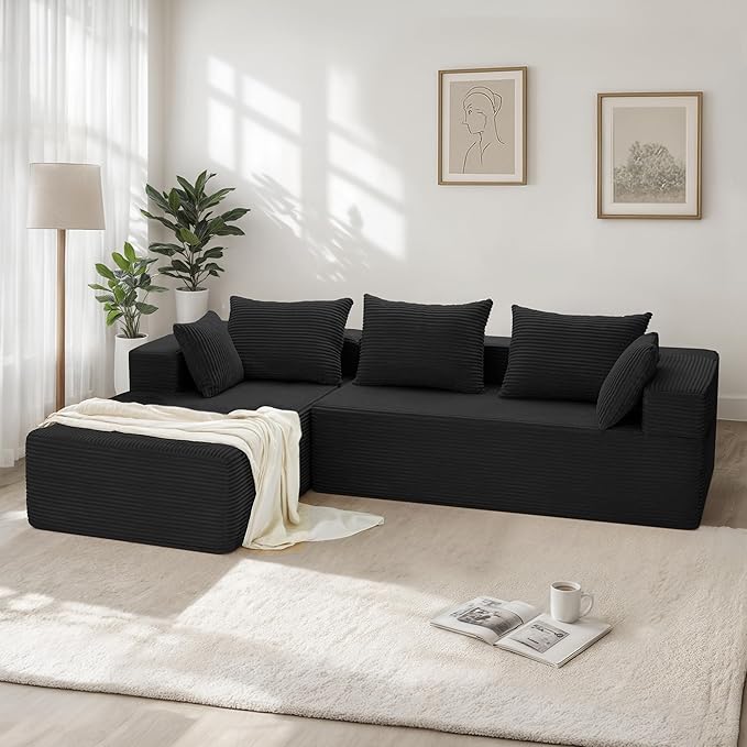 105 Modular Sectional Couches for Living RoomBoneless Couch with L-Shape ChaiseComfy Corduroy Sectional SofaNo Assembly RequiredBedroom Black