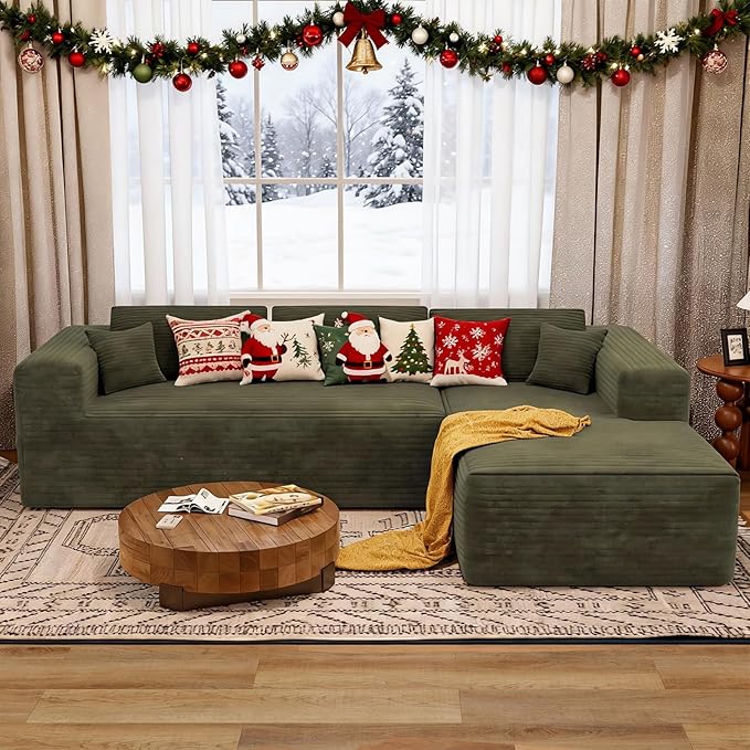 108 Cloud Sectional Couch with L-Shape ChaiseModern Corduroy Boneless Sofa with Deep SeatWide Armrest High Rebound Living Room Sectional CouchNo Assembly Required(Right ChaiseGreen)