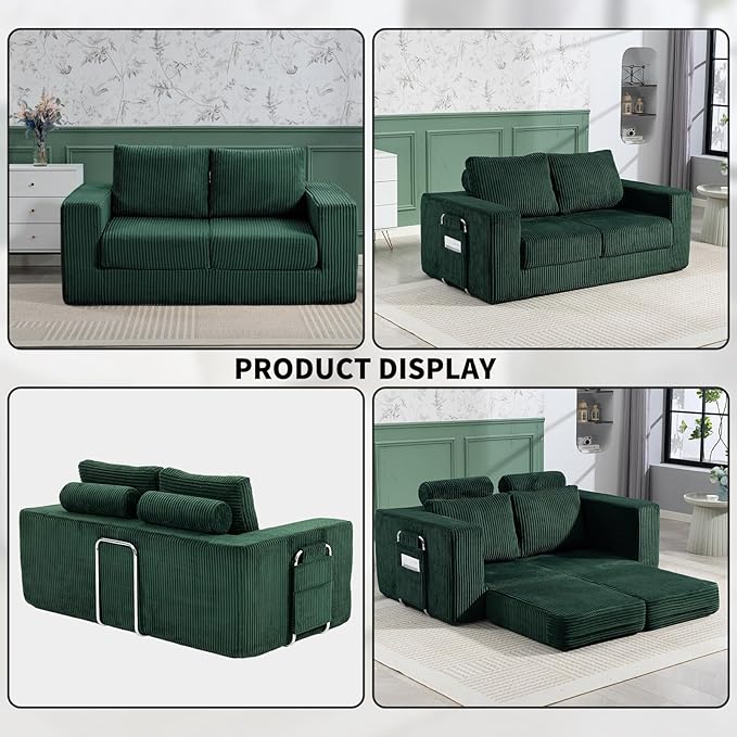 J.C.UP 69'' Convertible Sofa Bed Pull Out Loveseat Sleeper Sofa 2 Seater Boneless Folding Sofa Bed Floor Couch with Deep Seat Chaise Lounge for Living Room Bedroom No Assembly Required Green