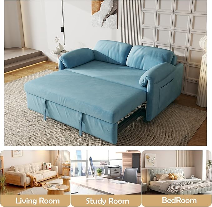 KEIKI 3 in 1 Convertible Pull Out Sofa Bed with Adjustable Backrest &amp Side Pockets Velvet Recliner Couch Sleeper Sofa Chair for Living Room Small Spaces Full Blue